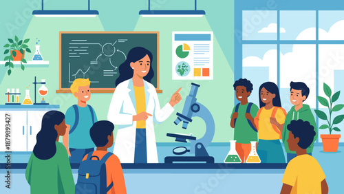 Female science teacher showing microscope to students in classroom laboratory. Biology lesson. Education concept. Happy children learning. School vector illustration. Experiment.