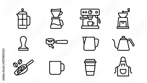 Set of coffee and barista equipment line icons minimalist vector style. Cafe menu elements french press espresso machine grinder kettle. Barista tools. Hot beverage preparation kit