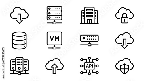 Set of 12 cloud computing and server line icons. Minimalist vector. Database API VM security data center network hosting storage internet technology web symbols download upload.