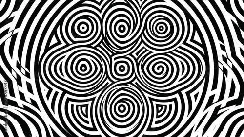 Abstract optical illusion background. Black and white hypnotic pattern. Op art design. Psychedelic monochrome spiral. Dizzy vortex. Twisted geometric lines. Vector illustration.