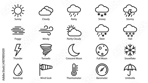 Weather condition line icons set. Sunny, cloudy, rainy, snowy, stormy, windy symbols. Meteorology forecast signs. Simple outline vector art. Climate elements. Linear design.