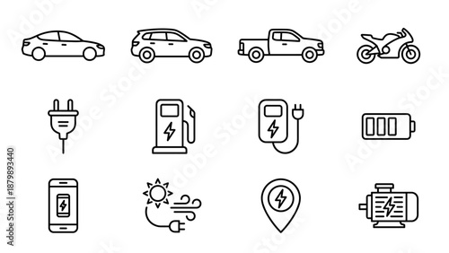 Electric vehicle line icons. Charging station symbols. Green energy car. Battery power plug. Sustainable transport. Eco technology. EV interface elements. Modern outline vector set