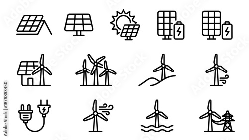 Renewable energy line icon set. Solar panel and wind turbine symbols. Green power electricity. Sustainable technology. Eco friendly minimal vector illustration. Sun battery windmill.