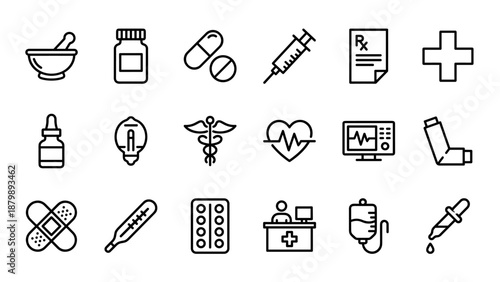 Medical line icons big set. Pharmacy and healthcare vector symbols collection. Hospital equipment, drugs, first aid kit, treatment signs. Minimal outline style. Clinic elements pack.