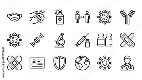 Set of 16 virus protection and vaccination line icons. Medical healthcare symbols. Covid-19 pandemic hygiene. Syringe mask doctor microscope DNA shield. Minimalist vector graphics.