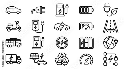 Electric vehicle icons. EV charging station. Green energy car battery. Eco transport plug. Solar power. Sustainable mobility. Clean future auto technology. Smart city traffic set.
