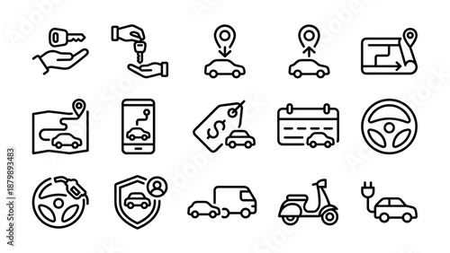 Car rental, rideshare line icons. Vector symbols for transportation, vehicle booking, auto insurance, pickup, dropoff, navigation, taxi app, electric charging, truck, scooter, fare.