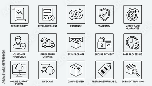 Return and refund line icons set. Money back guarantee. Exchange warranty policy. Customer protection. Free shipping. Easy drop-off. Secure payment. E-commerce logistics symbols.