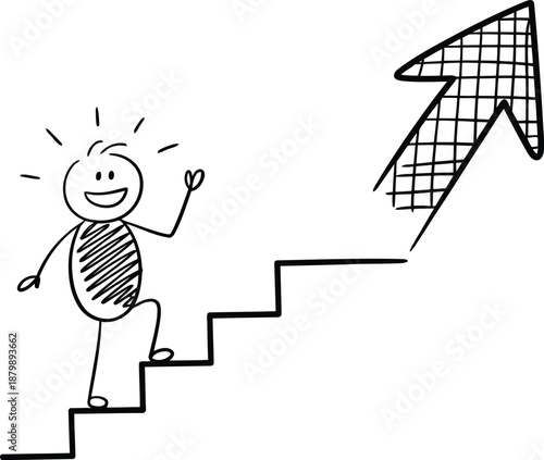 A beaming stick figure radiating happiness walks up stairs with determination towards a clear upward arrow