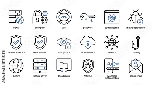 Cybersecurity line icons set. Firewall, encryption, VPN, password, malware, privacy, cloud, network, phishing, server, antivirus. Internet data protection technology vector.