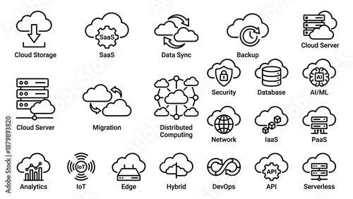 Cloud computing line icons set. Vector collection. Storage, SaaS, sync, backup, server, migration, AI, IoT, DevOps. Technology network symbols. Internet database security. Api signs.
