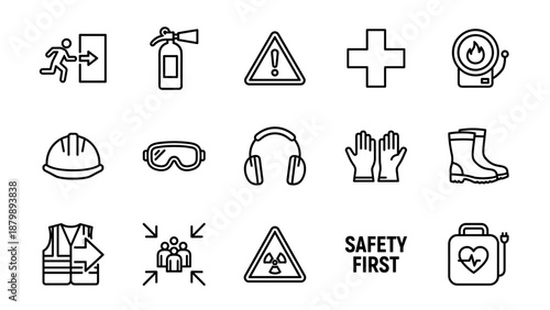 Safety and emergency line icons set. Occupational health signs. Construction protection equipment. Fire extinguisher helmet warning first aid. Industrial security vector collection.