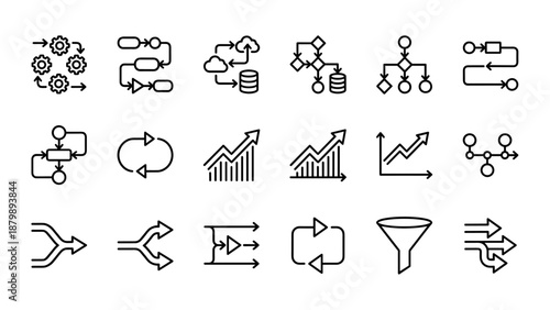 Flow process arrow line icons. Workflow diagram. Data chart. Decision tree. Flowchart. Business analytics. Algorithm. Growth graph. Merge split. Funnel. Hierarchy. Loop. Sequence.