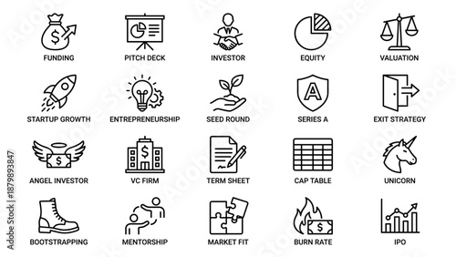 Startup Venture Capital Business Icons. Funding, Pitch Deck, Investor, Equity, Valuation, Growth, Entrepreneurship, Seed Round, Series A. Line Icons Set