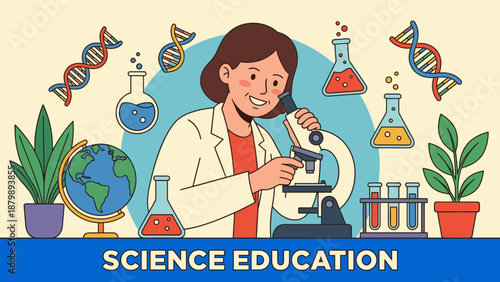 Science education concept. Female teacher using microscope. Biology class. Flat vector illustration. DNA, flasks, globe. School study. Laboratory experiment. Scientific analysis. Research.