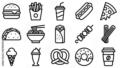 Fast food street food line icons. Minimalist vector symbols. Burger pizza fries taco donut coffee. Restaurant menu outline. Uniform stroke. Takeaway snack lunch dinner graphic design.