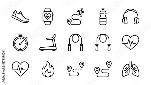 Running and cardio line icons set. Minimal vector symbols for sport tracking. Gym workout equipment. Sneaker, stopwatch, treadmill, heart rate. Healthy lifestyle. Athletic training.