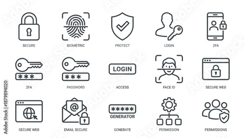Security and login authentication line icons. Cybersecurity symbols. Biometric access, face id, password protection, digital shield, private key, web privacy. Minimalist outline vector