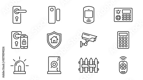 Home security line icons set. Smart house safety technology symbols. Door lock, sensor, cctv camera. Protection and surveillance vector elements. Web app interface design kit linear.