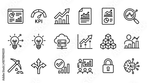 Business intelligence line icons set. Data analytics dashboard. KPI indicator, cloud computing, AI, report metrics. Strategy, data mining, finance graph. Statistics, growth.