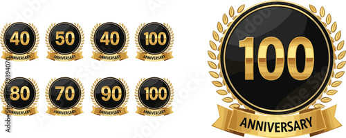 Golden anniversary badge collection isolated on white background, elegant milestone celebration emblems with laurel wreaths for awards, events, branding, and commemorative design
