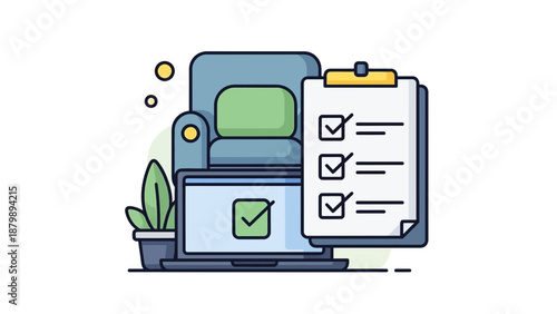 Laptop with checklist on screen and clipboard with tasks.