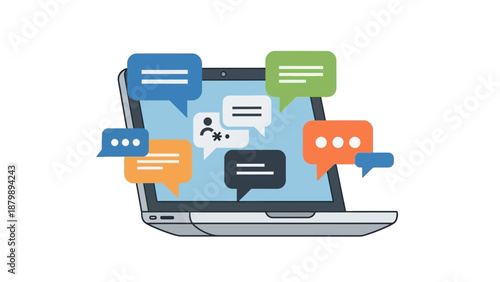 Laptop with colorful speech bubbles representing online communication and social media interaction.