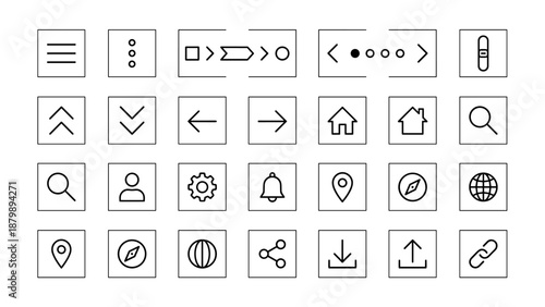Navigation interface line icons set. UI UX design elements. Web mobile app symbols. Menu hamburger arrow home search user settings bell location share download link. Vector outline.