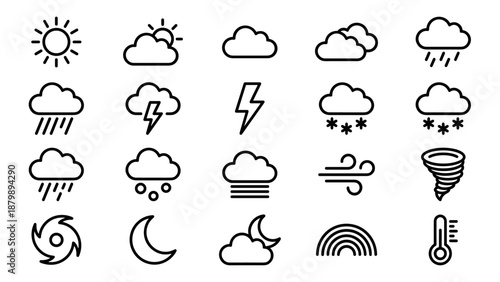 Weather condition line icons set. Meteorology forecast symbols collection. Sun, cloud, rain, snow, storm, wind, fog, lightning. Minimalist outline vector for mobile app user interface.