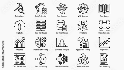 Data science line icons set. Big data analytics. Machine learning, artificial intelligence symbols. Statistical visualization mining. Tech infographic elements. Cloud computing outline.