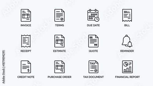 Invoice and billing line icons set. Financial documents collection. Payment terms, due date, bill receipt, estimate, quote, tax reminder. Accounting symbols. Business finance vector
