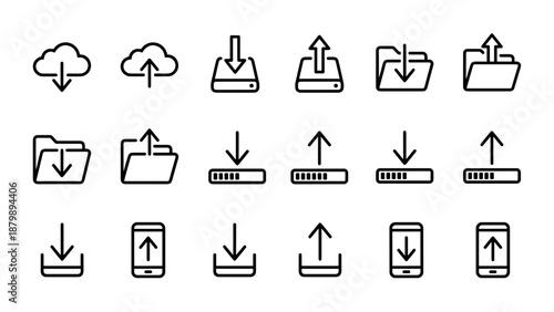 Download and upload line icons set. Data transfer symbols. Cloud, folder, drive, phone. Loading progress bar. Arrow sign. Web interface UI design elements. Minimal outline vector.