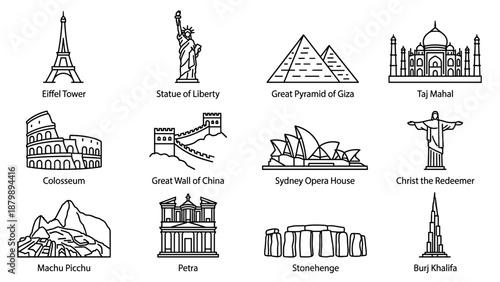 Famous world landmarks line icons set. Minimalistic travel symbols. Global sightseeing monuments. Tourist attraction outlines. Architecture design. Vacation destination signs.