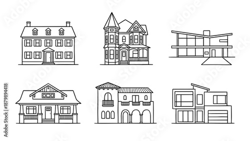 House architecture line icons set. Residential buildings. Home styles. Colonial, Victorian, modern, Craftsman, Mediterranean. Real estate. Minimal outline vector collection facade.