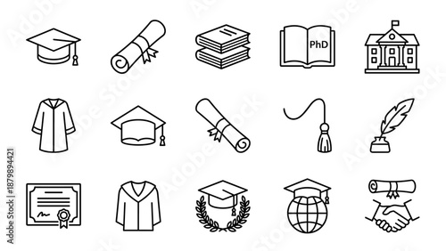 Graduation and education vector line icon set. Academic degree symbols. University college school study concept. Cap gown diploma certificate book. Student achievement. Minimalist outline graphic