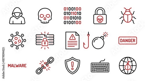 Cyber security hacker vector icons. Malware warning symbols. Internet crime protection. Computer virus bug. Phishing data theft. Digital safety. Ransomware trojan spyware firewall