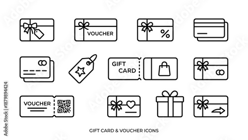 Gift card and voucher line icons. Discount coupon. Loyalty certificate. Shopping promo code. Present label. Retail sale tag. Minimalist linear stroke. Vector payment. Bank card
