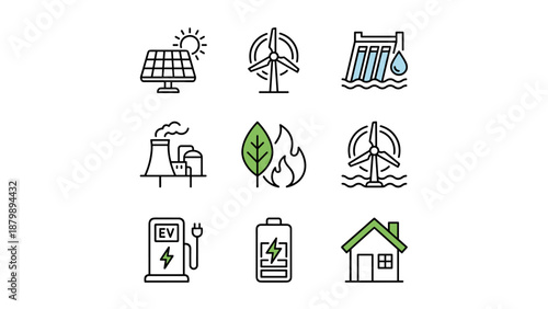 Renewable energy line icons set. Sustainable power symbols. Solar panel, wind turbine, hydro, EV charger, battery. Eco friendly environment concept. Green electricity. Vector.