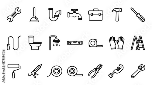 Plumbing home repair line icons set. Construction tools vector. Handyman service equipment. Renovation kit. Wrench, hammer, faucet, toilet. Maintenance concept. DIY workshop. Fix symbol.