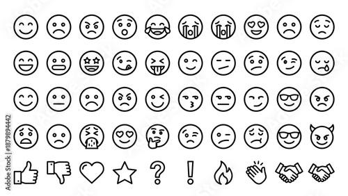 Vector linear emoji icons set. Minimalist smiley face outlines. Emotional expressions. Happy sad angry love reactions. UI feedback symbols. Thumbs up heart star signs. Mood avatars.