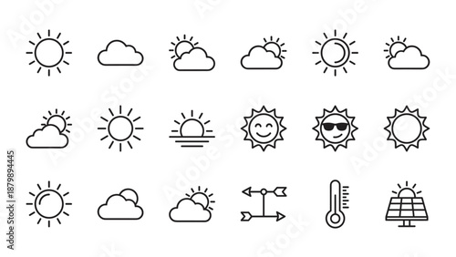 Sunny weather line icons set. Sun cloud symbols. Meteorology forecast elements. Summer heat sunshine sunrise. Solar energy panel thermometer. Minimalistic outline style pictograms.