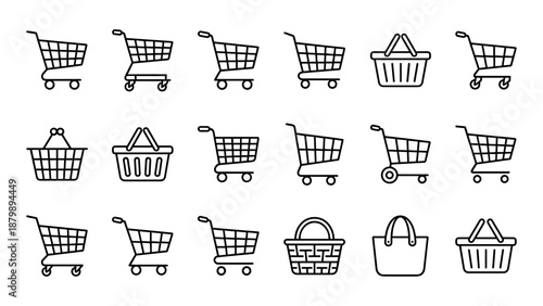 Shopping cart and basket line icon set. Minimalistic vector collection e-commerce retail. Online store symbol. Supermarket trolley outline. Buy purchase market. Clean black stroke.