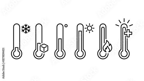Vector set of temperature thermometer line icons. Minimalist weather symbols. Hot and cold degree measurement. Meteorology climate scale. Celsius and Fahrenheit heat gauge signs.