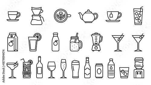 Beverage line icons set. Vector collection of drink symbols. Coffee, tea, juice, smoothie, cocktail, wine, beer, water. Restaurant menu elements. Bar alcohol glass. Cafe linear sign.