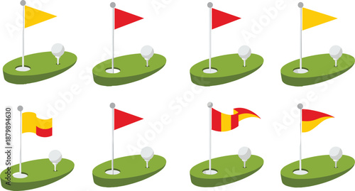 Isometric Golf Course Hole Icon Set with Red and Yellow Flags, Green Putting Surface, Ball and Pin Vector Illustration
