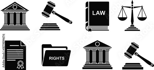 Law and Justice Icon Set Featuring Court Building, Gavel, Legal Book, Rights Documents and Balance Scales, Black Legal Symbols Vector Illustration