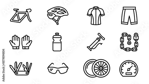 Cycling equipment and bicycle gear line icon set. Minimalist black outline style for sports, fitness, and outdoor activity. Riding accessories and tools collection on white background.