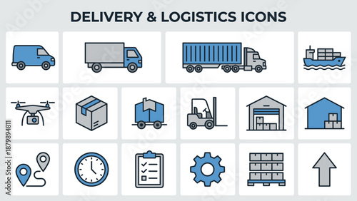 Delivery and logistics icon set in minimalistic flat style. Vector collection of transportation, shipping, and warehouse symbols including trucks, cargo, drones, forklifts, and storage buildings