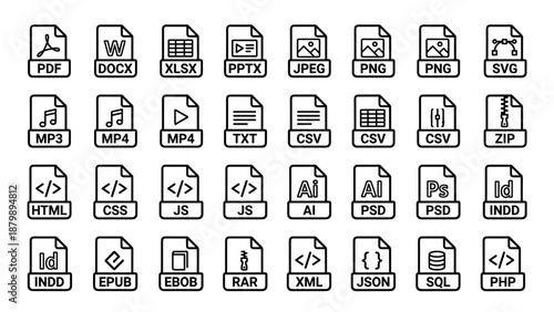 Minimalist line icons set of file types and document formats, black outline document symbols for PNG, JPG, PDF, DOCX, MP3, MP4, ZIP, AI, PSD, HTML, CSS, and coding files on white background