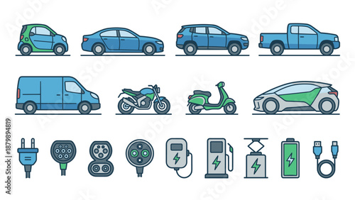 Electric vehicles and charging icons set. Modern eco transport collection with cars, scooters, motorcycles, plugs, connectors, batteries, and chargers. Clean minimalistic vector illustration concept.